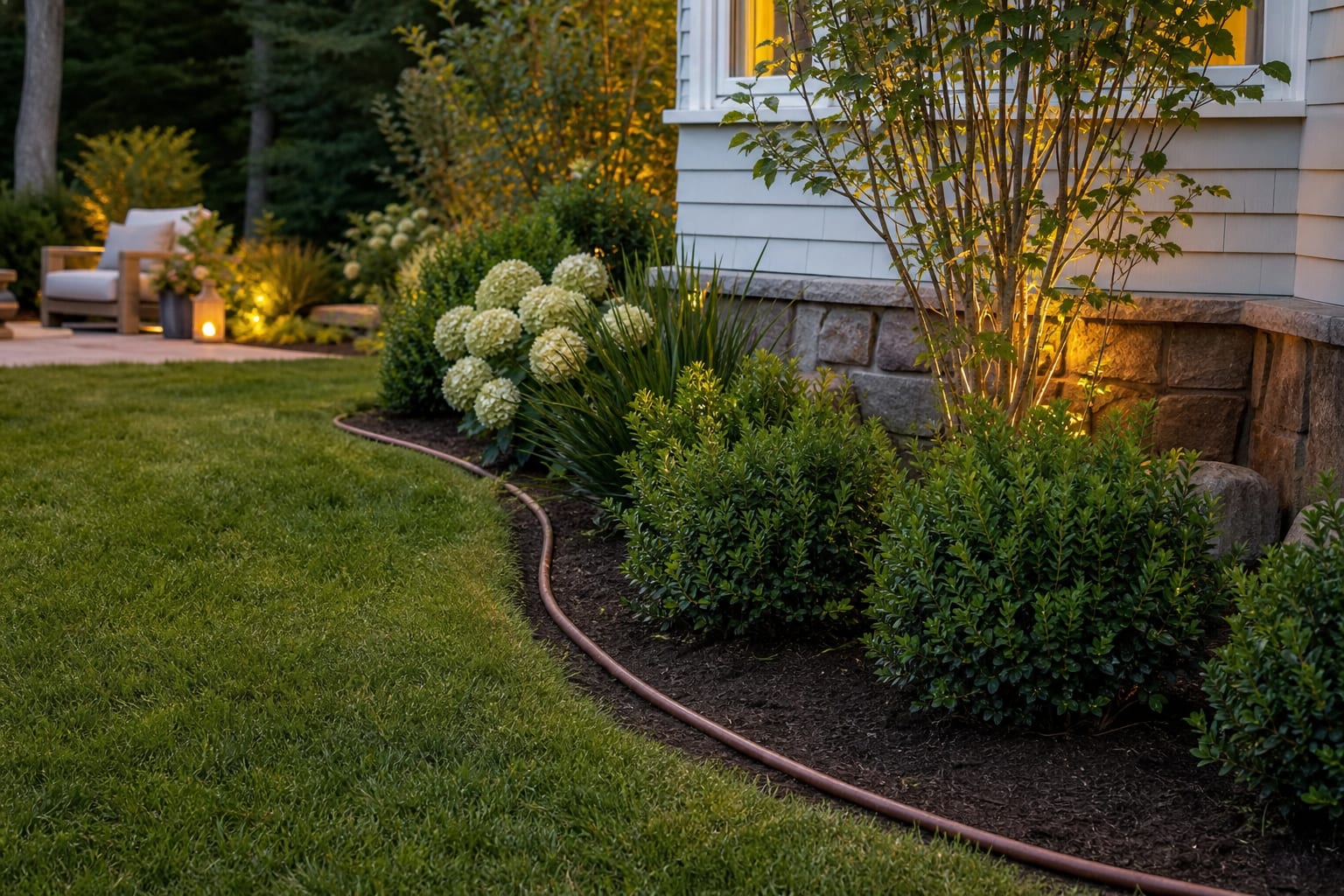 curved garden bed edge laid out with a hose before steel edging installation beside lawn and shrubs