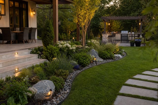 Garden Bed Edging Ideas: The Detail That Makes a Garden Look Sharp shown as a photorealistic outdoor redesign with layered materials, planting, lighting, and clear circulation