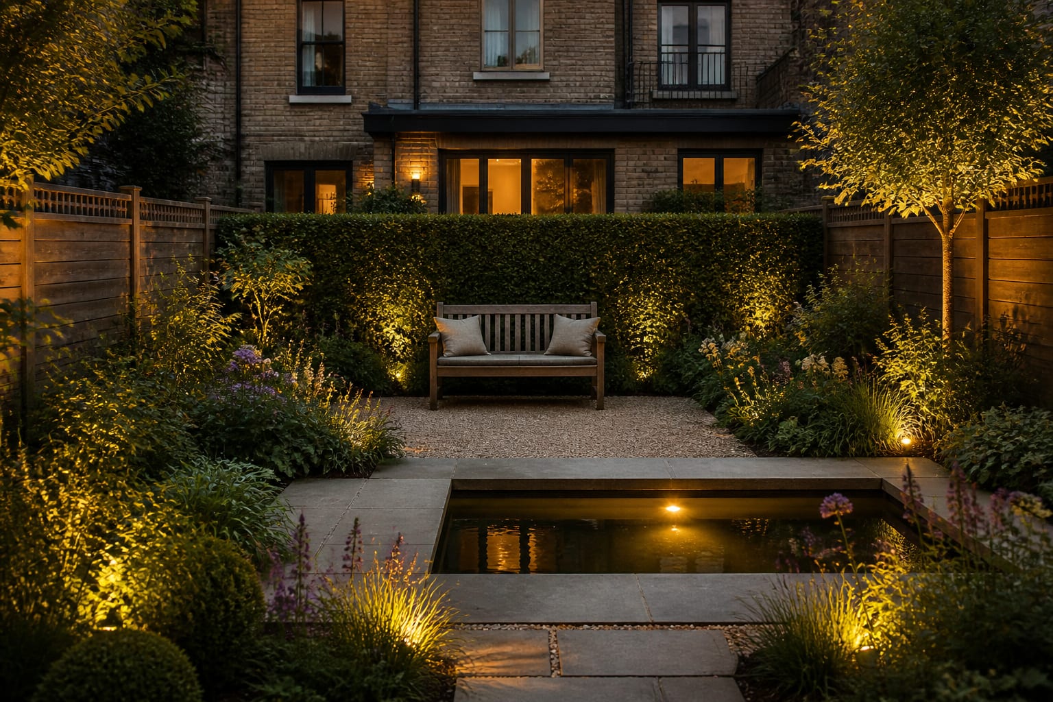 Same garden with a teak bench set against a hedge facing a water feature after redesign