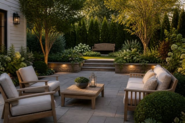 Editorial outdoor residential space illustrating garden bench and seating ideas: where to sit and why it matters with warm natural light, realistic planting, hardscape, and furniture scale
