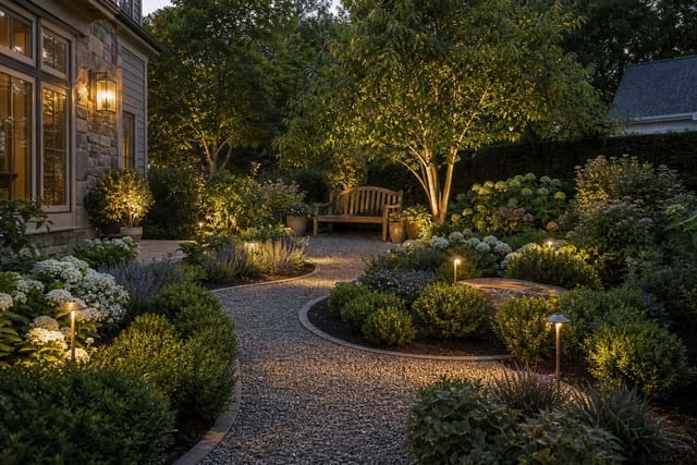 structured garden with curved planting beds, gravel path, layered shrubs, and a bench focal point near a small tree