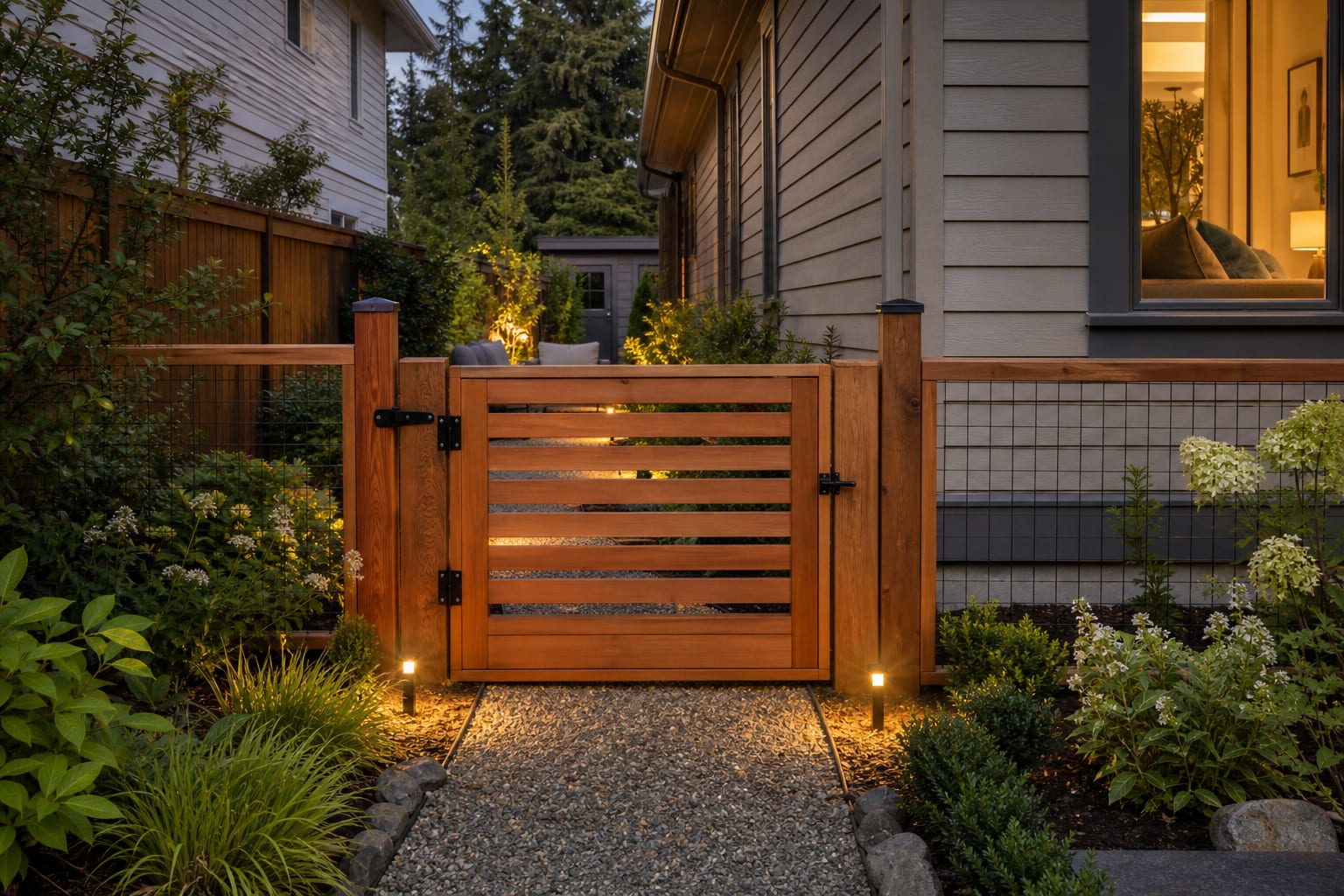 same garden entry with cedar slat gate, black latch, gravel path, low hedging, and warm lights beside the posts