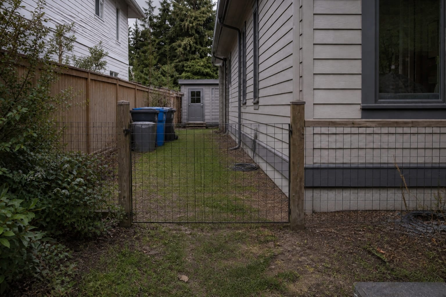 plain side garden opening with uneven lawn edge, old wire gate, exposed bins, and no clear entrance path