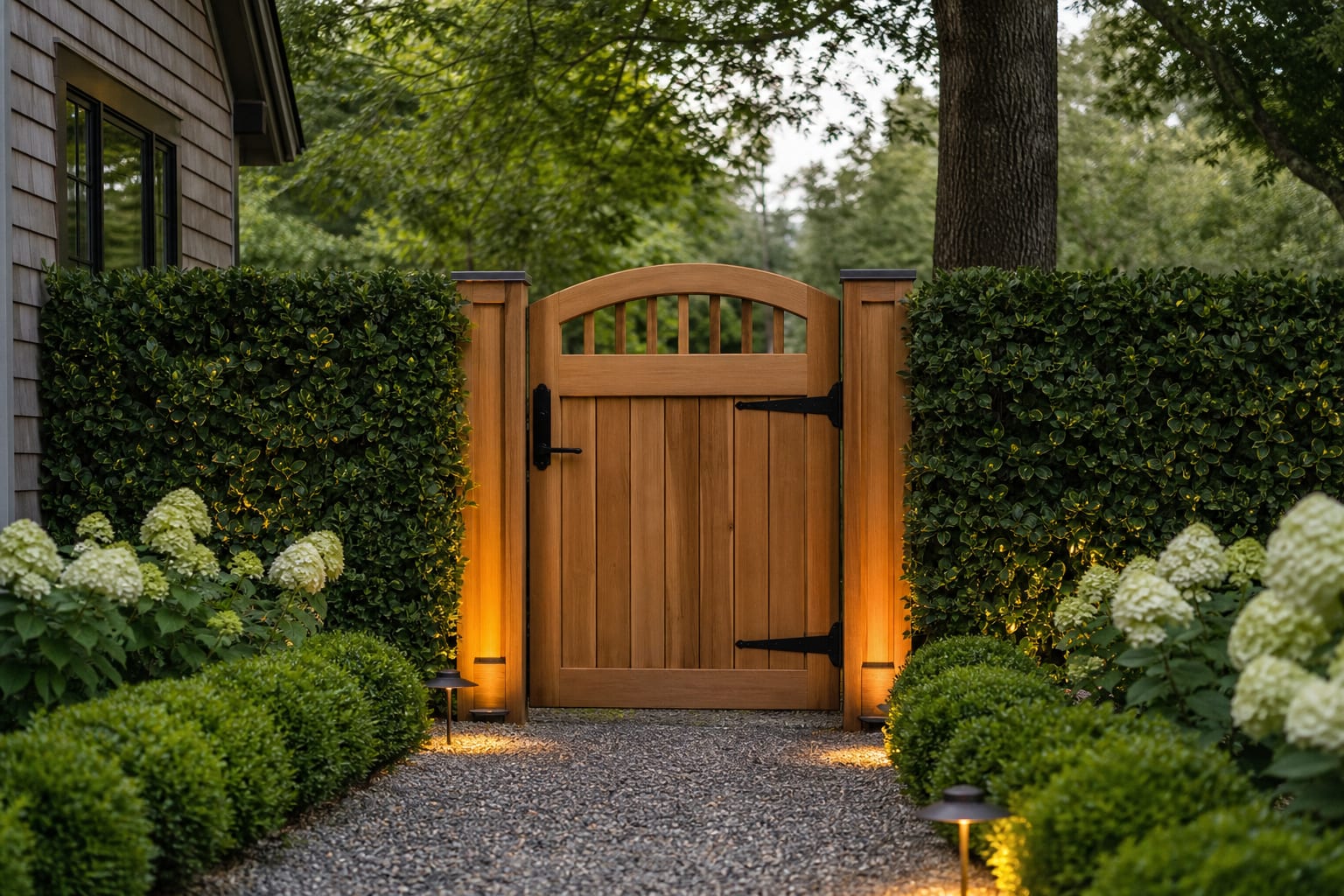 cedar garden gate with black metal hardware, gravel path, clipped hedging, and warm low lights marking the entrance