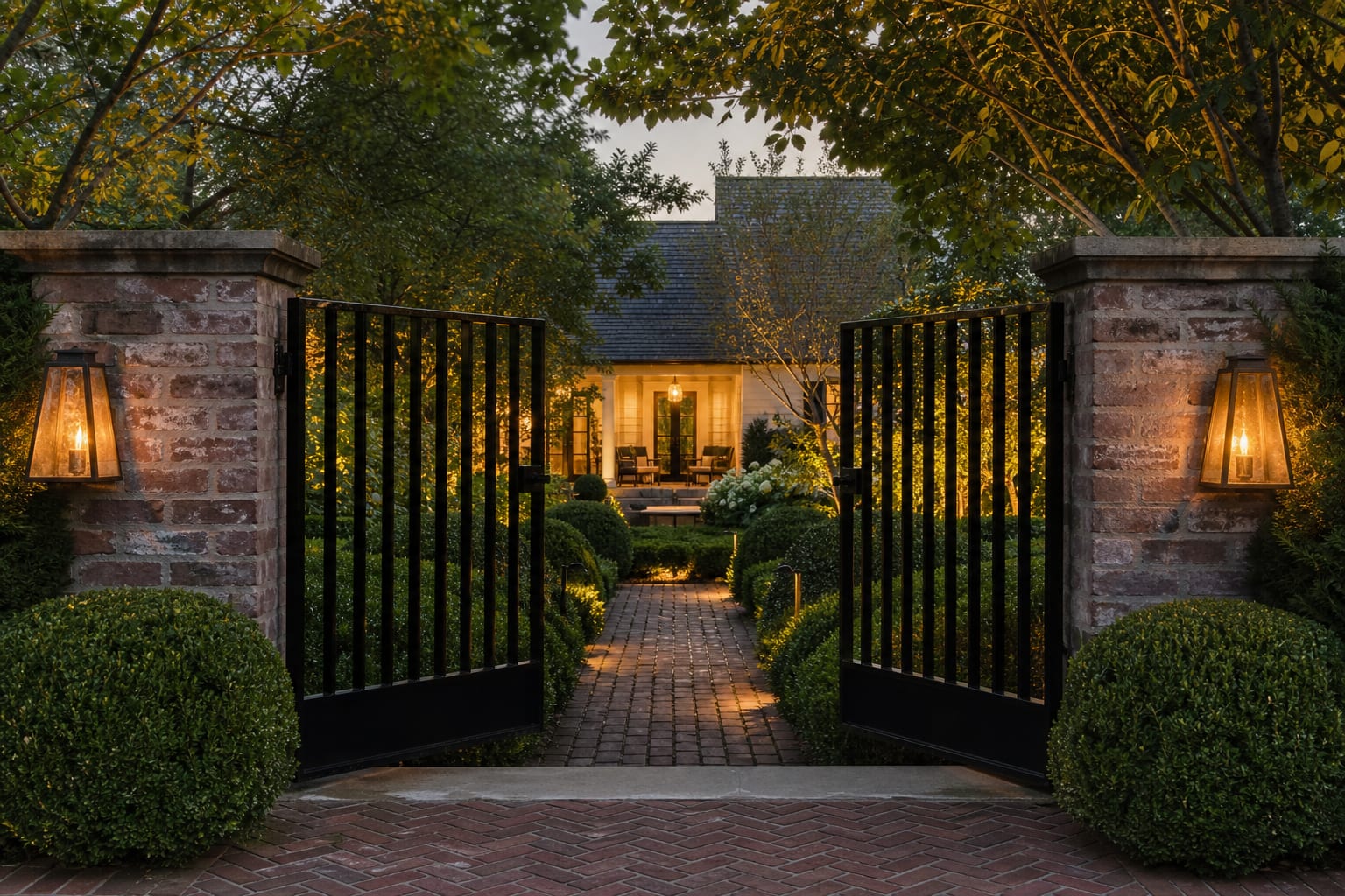 black metal garden gate with open pickets, brick path, clipped boxwood, and warm lighting at dusk