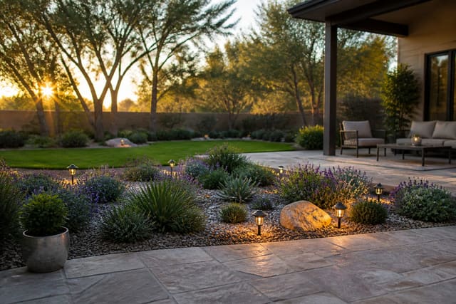 Editorial outdoor residential space illustrating garden irrigation ideas: watering systems for low-maintenance gardens with warm natural light, realistic planting, hardscape, and furniture scale