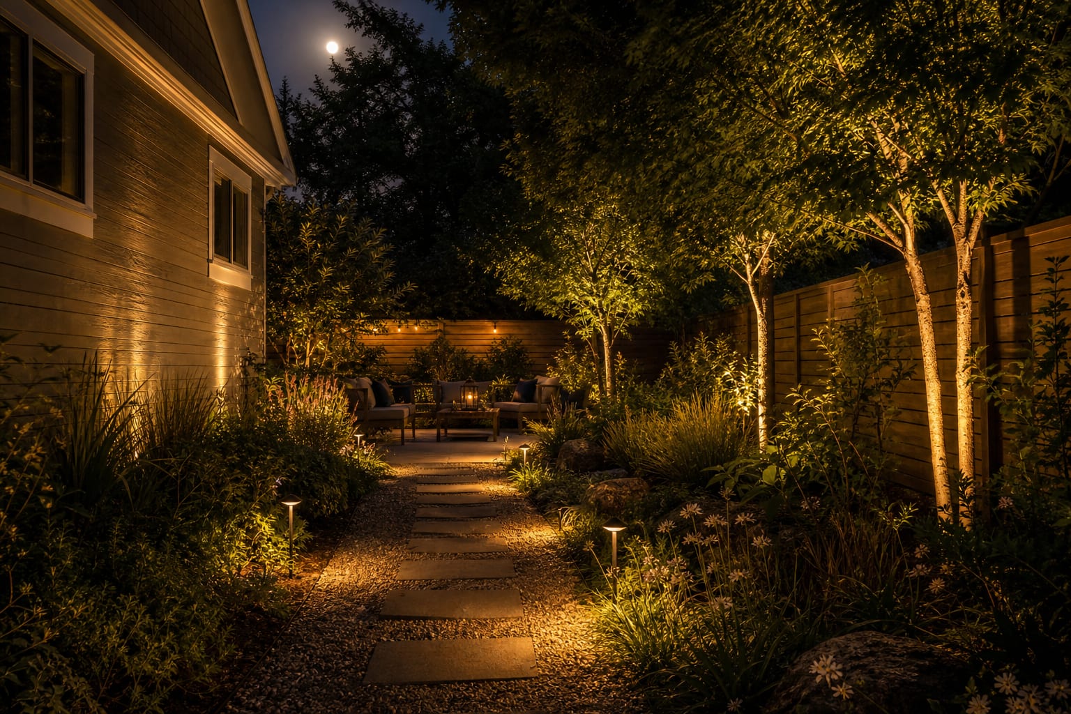 same garden path with warm path lights, tree uplights, moonlighting through branches, and a softly lit seating area beyond