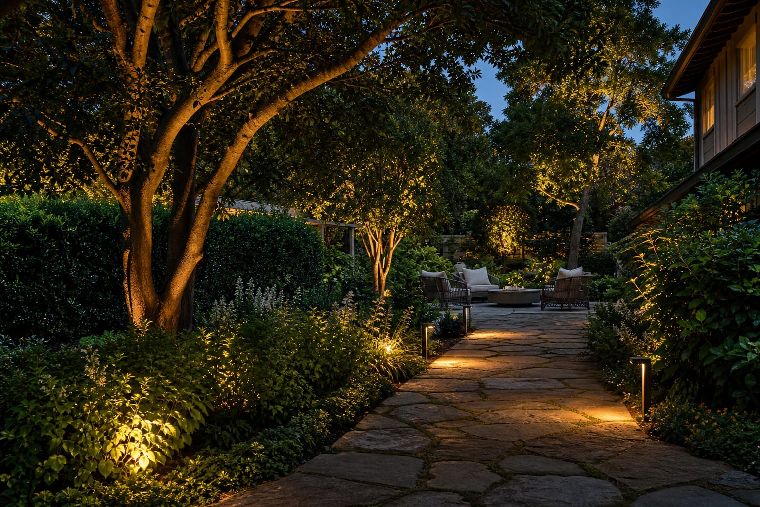 layered garden lighting with warm path lights, tree uplights, and soft moonlighting over a planted seating path