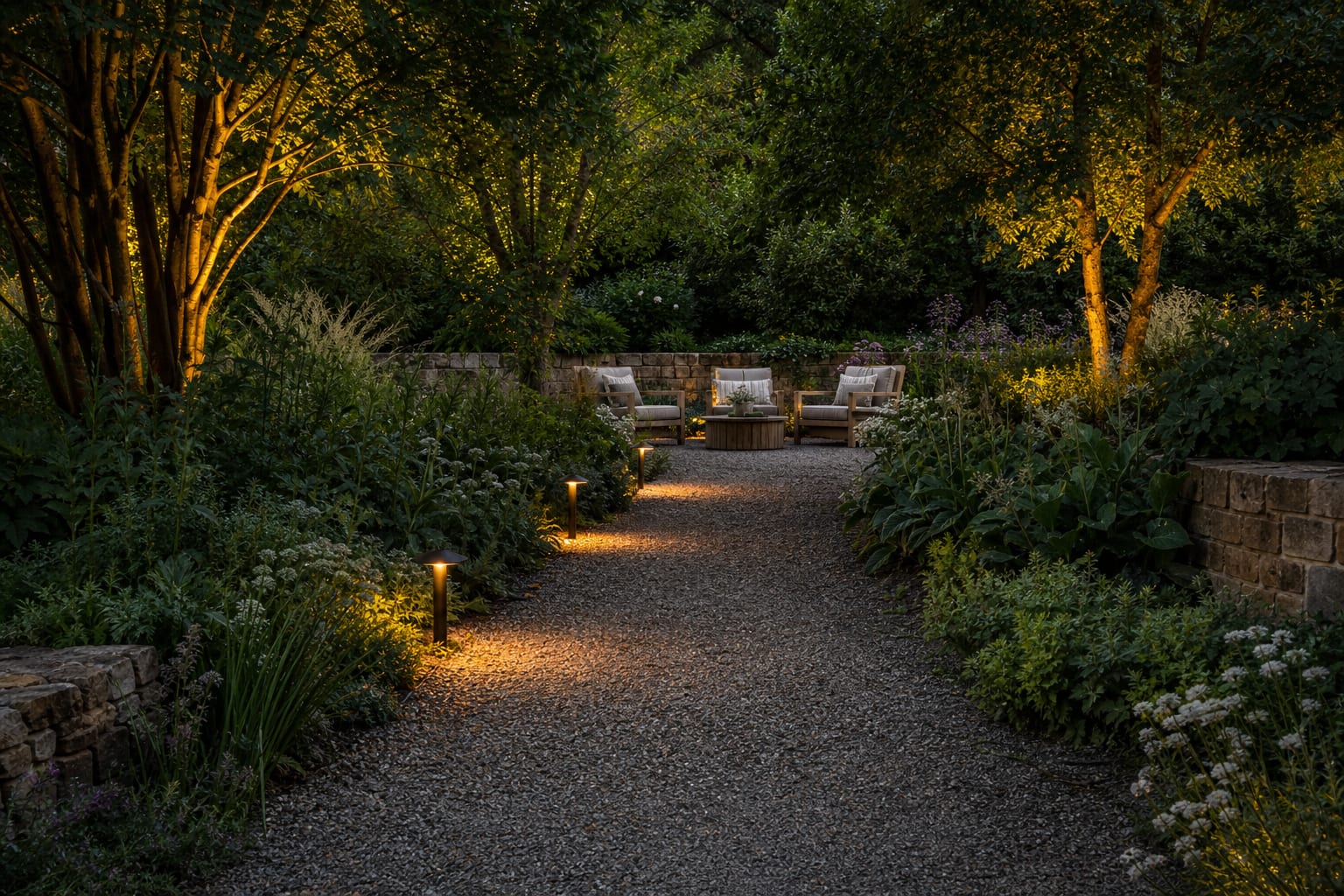 garden path lighting plan showing staggered low fixtures, tree uplights, and shadowed planting beds along a gravel walk