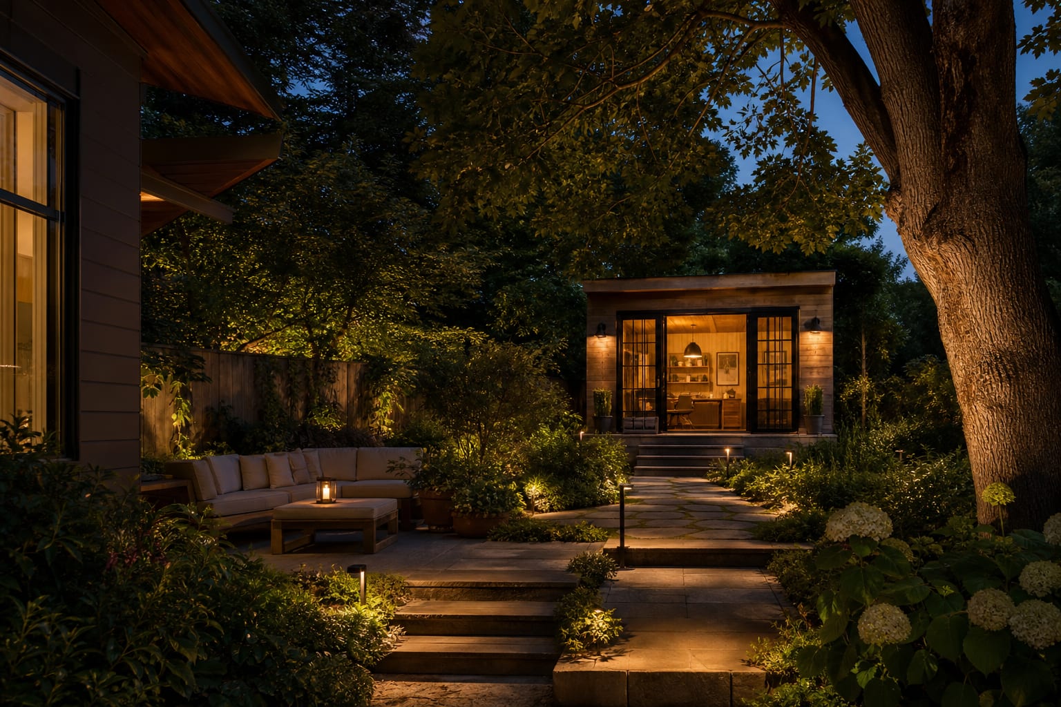 AI preview of warm garden lighting with moonlighting from a tree, subtle path lights, and a softly lit backyard studio