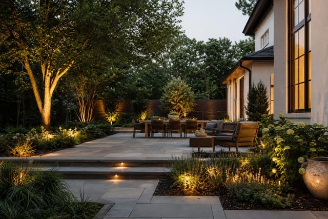Garden Lighting Design: From Spotlights to Moonlighting Techniques shown as a photorealistic outdoor redesign with layered materials, planting, lighting, and clear circulation