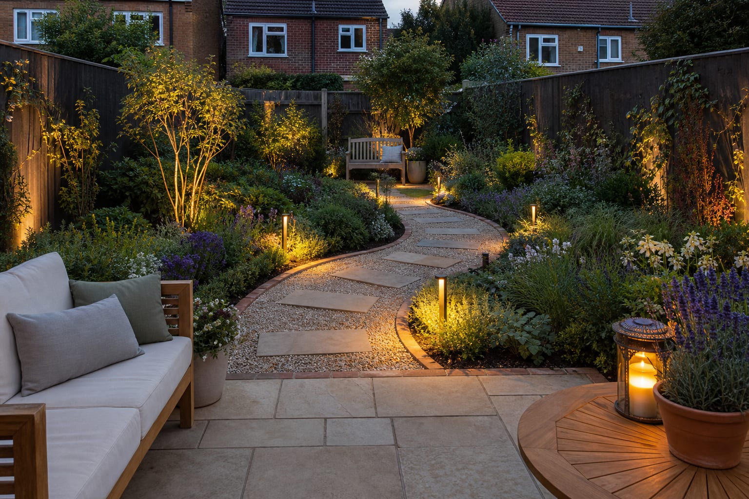 same garden angle redesigned with a curved gravel path, brick edging, stepping stones, layered planting, and a small focal bench