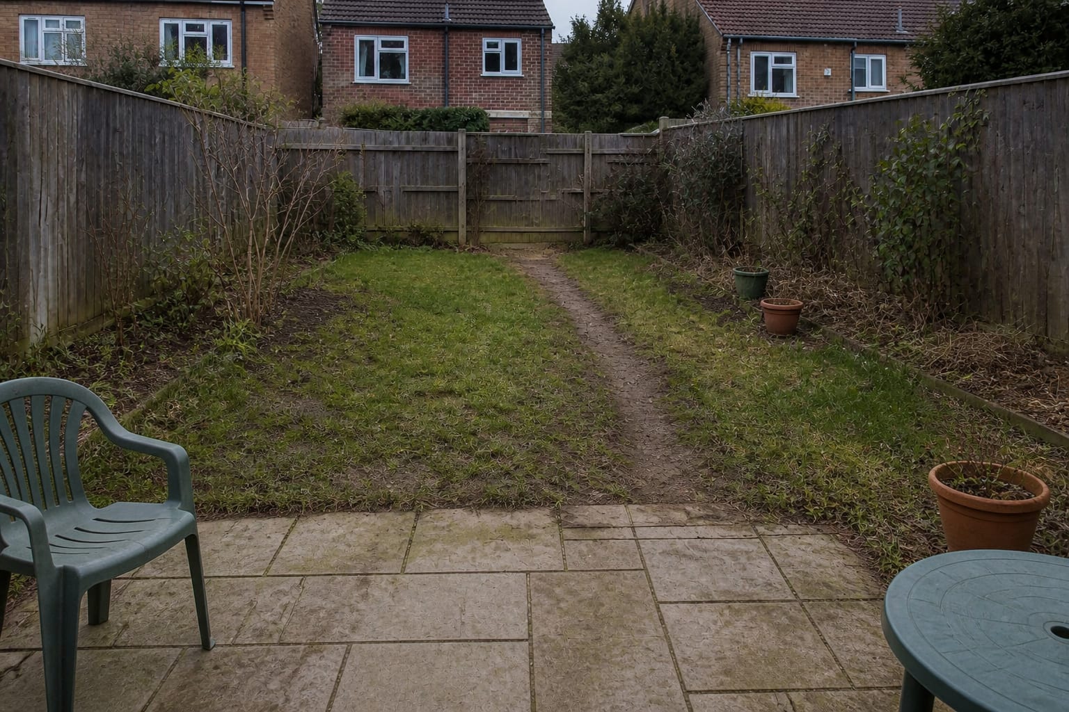 patchy lawn garden with an informal dirt shortcut, scattered pots, and no clear route between patio and planting beds