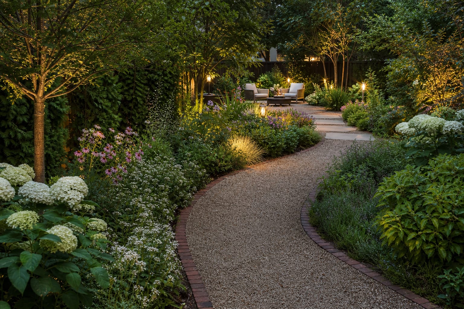 curving gravel garden path with brick edging, layered planting, and stepping stones leading toward a small seating area