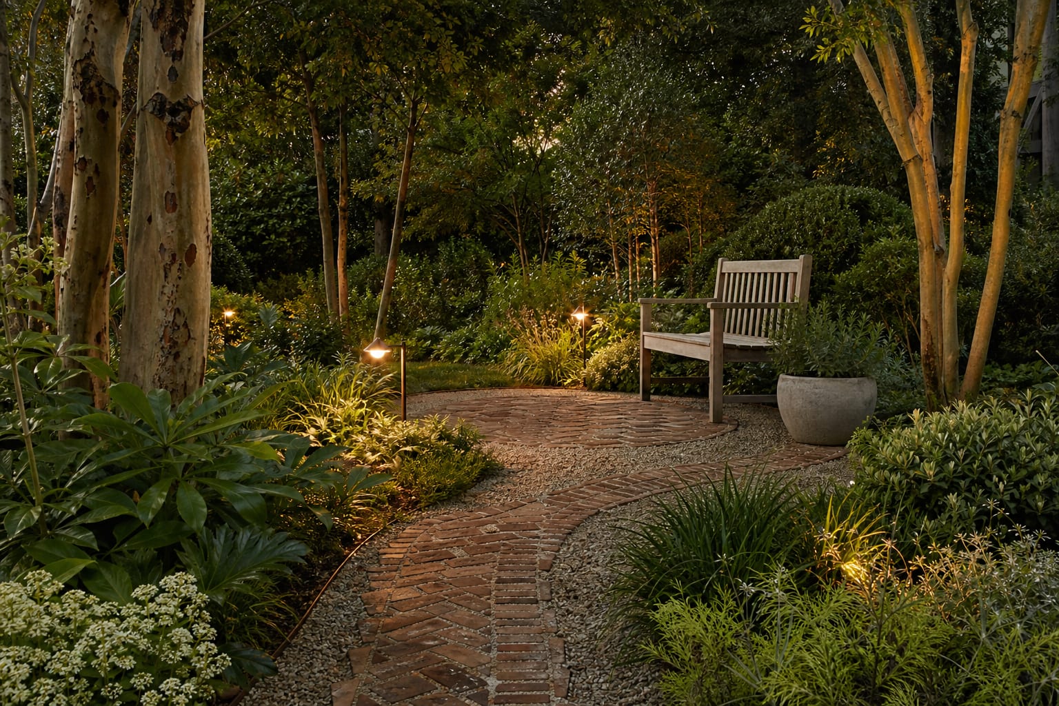 brick and gravel garden pathway with defined edging, low planting, and a small pause point beside a bench