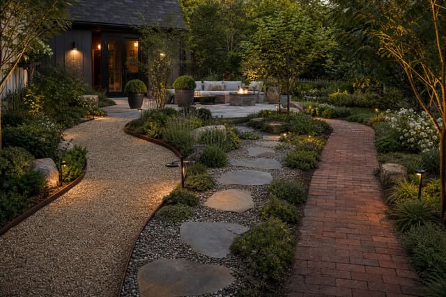 Garden Path Ideas: Gravel, Stepping Stone, and Brick Designs shown as a photorealistic outdoor redesign with layered materials, planting, lighting, and clear circulation