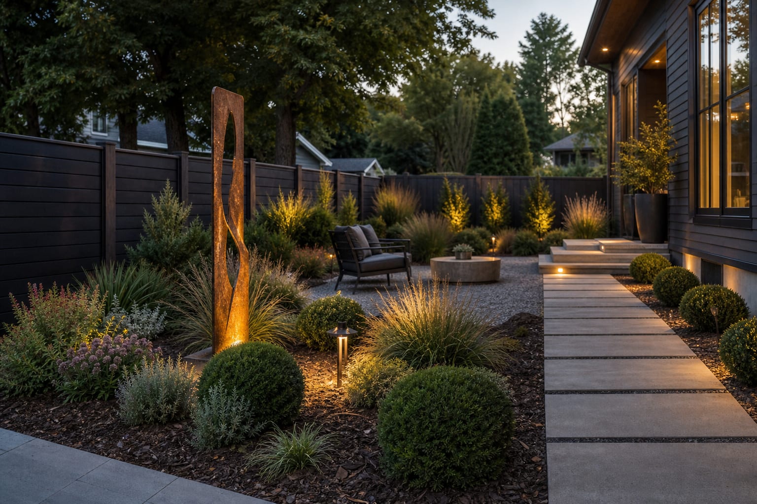same garden bed with a weathered steel sculpture, gravel viewing area, clipped evergreen shrubs, ornamental grasses, and a clear path view