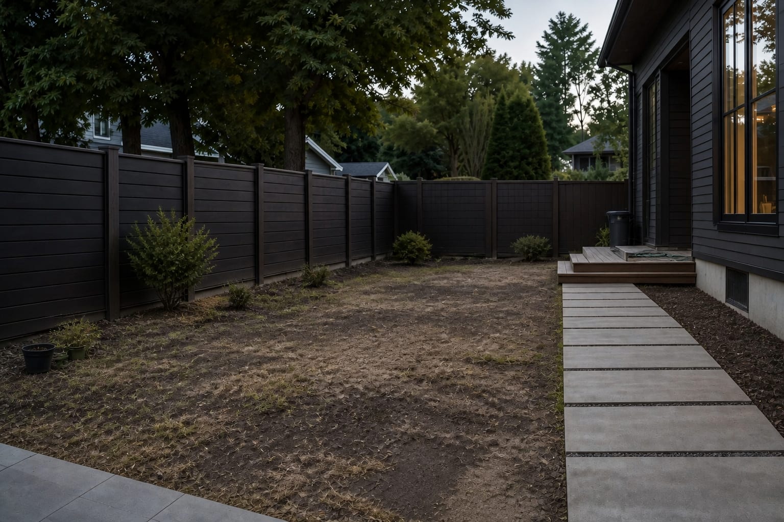 plain garden bed with patchy mulch, scattered low shrubs, and no clear focal point from the path or house