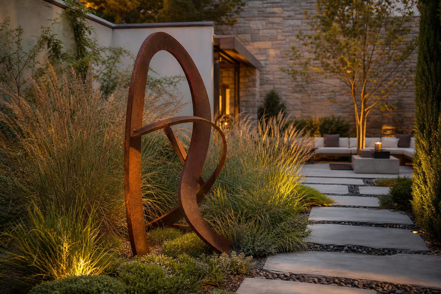 weathered steel garden sculpture framed by ornamental grasses, stone path, clipped shrubs, and warm evening light