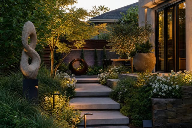 Garden Sculpture Ideas: Making the Garden a Gallery shown as a photorealistic outdoor redesign with layered materials, planting, lighting, and clear circulation