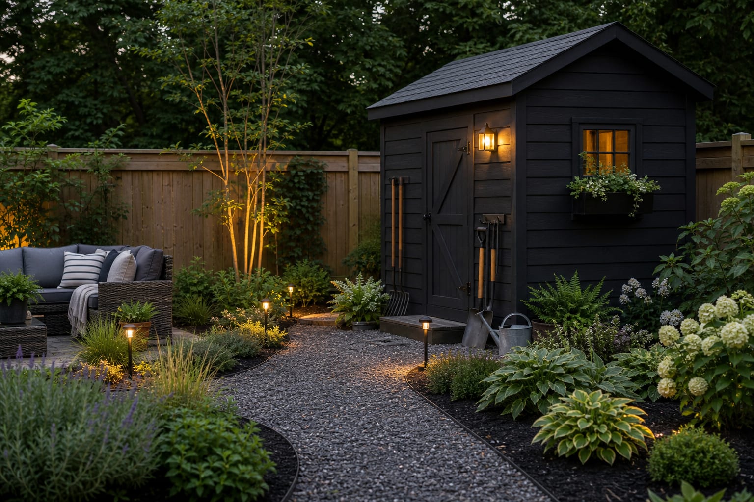 same shed with dark paint, gravel path, planting beds, tool storage zone, window box, and warm door lighting