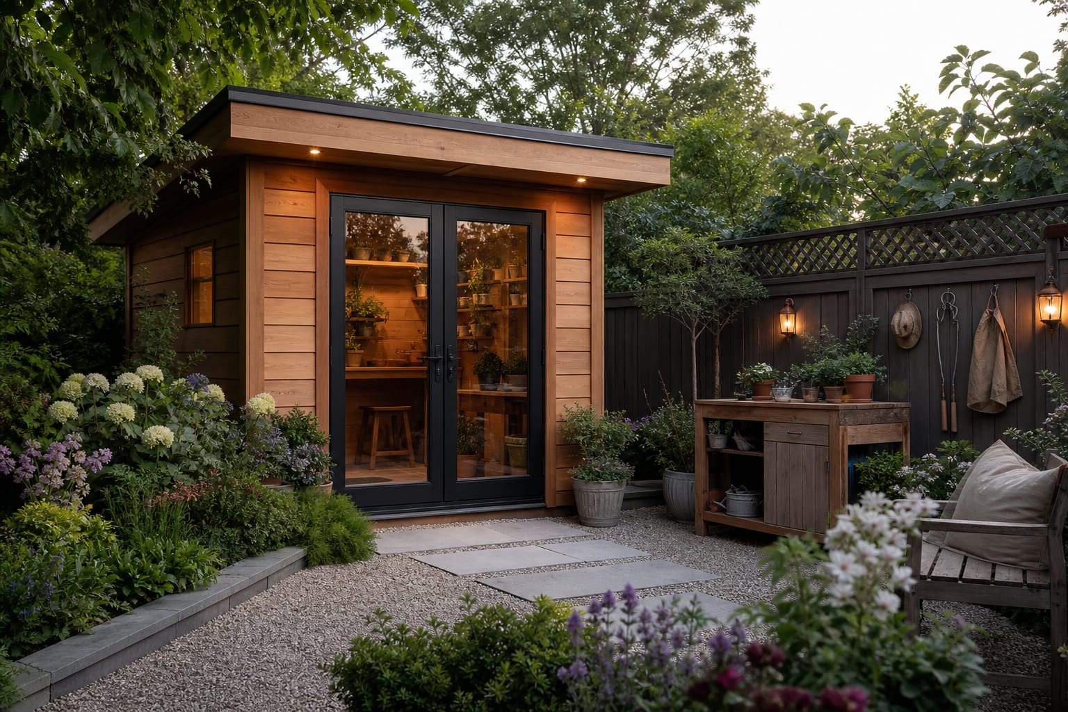 compact cedar garden shed with glazed doors, gravel path, potting bench, wall hooks, and layered planting around the entry