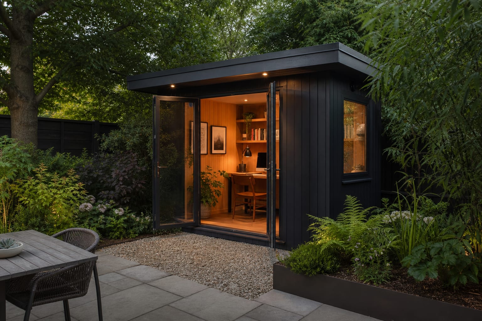 small black garden studio shed with side window, gravel threshold, desk visible through doors, and planting that softens the base
