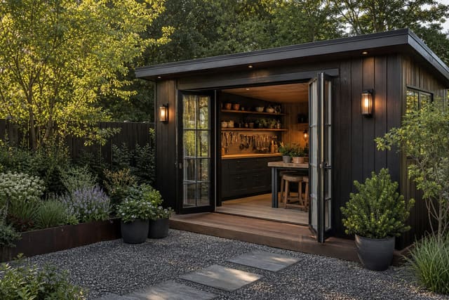 Garden Shed Ideas: Storage, Studio, and Multi-Purpose Structures shown as a photorealistic outdoor redesign with layered materials, planting, lighting, and clear circulation