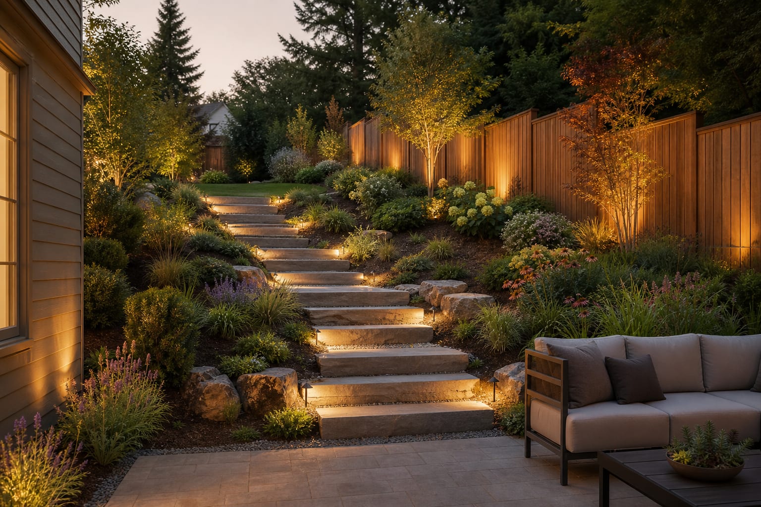 Same garden angle with wide stone steps, gravel joints, layered planting, and shielded lights along the slope