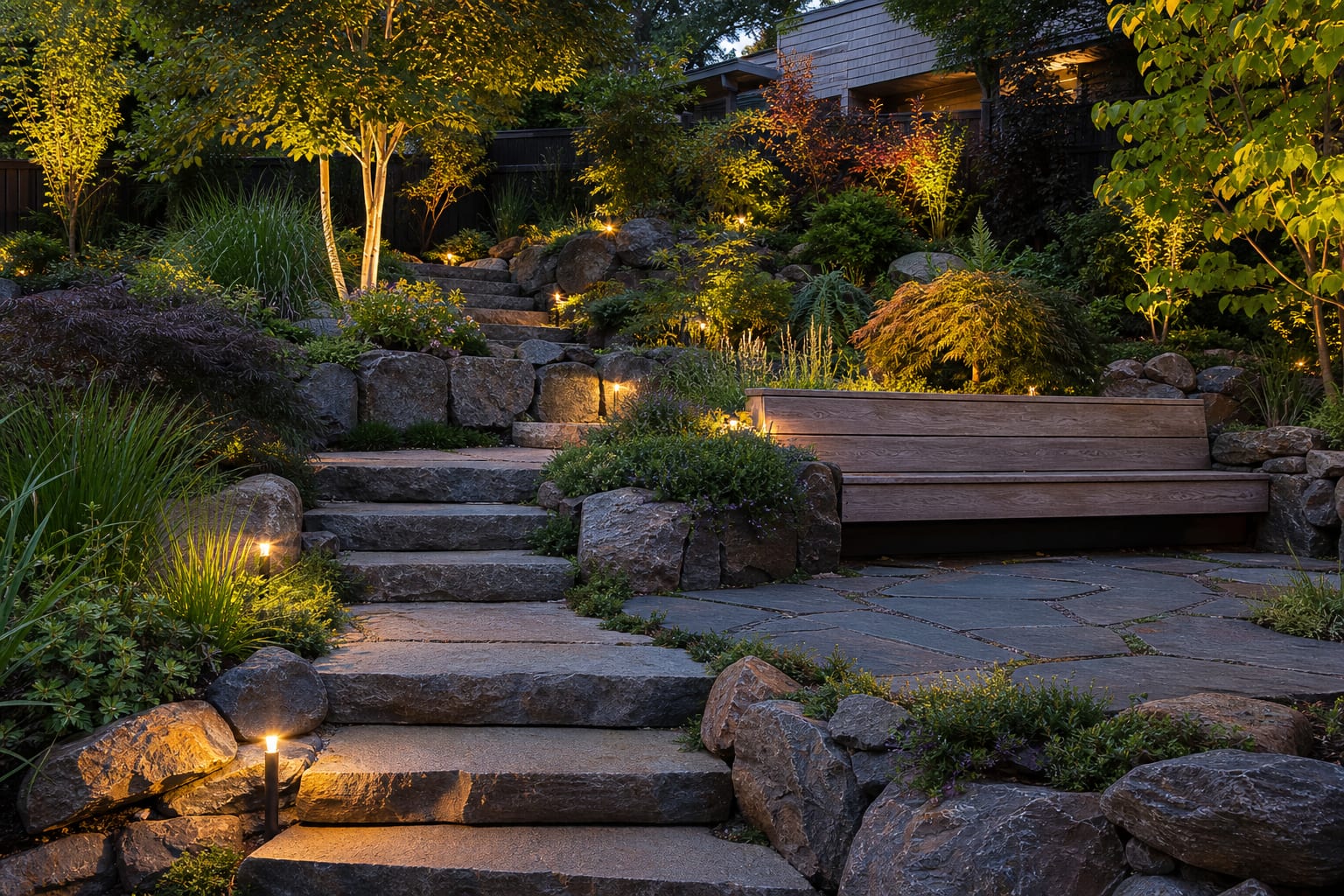 broad stone garden steps with planted edges, low lighting, and a timber bench on a terraced backyard slope