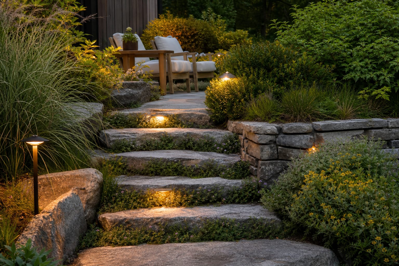 stone garden steps with grasses, thyme joints, and a small landing planted with evergreen shrubs