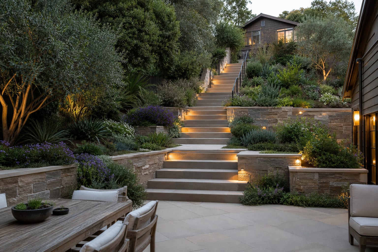 AI preview of a sloped backyard with broad garden steps, planted landings, and warm shielded stair lighting