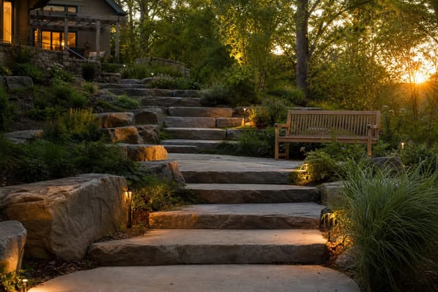 broad stone garden steps with planted edges, low lighting, and a timber bench on a terraced backyard slope