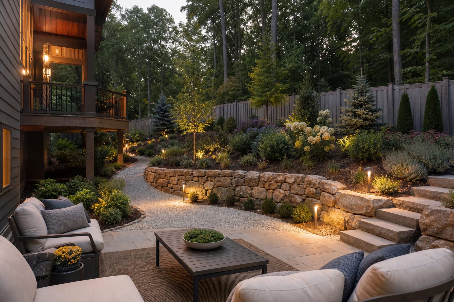 Same sloped backyard with a low stone retaining wall, gravel path, layered shrubs, and warm path lighting.