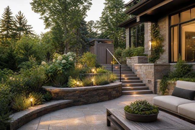 Garden Wall and Retaining Wall Ideas: Structure and Style shown as a photorealistic outdoor redesign with layered materials, planting, lighting, and clear circulation