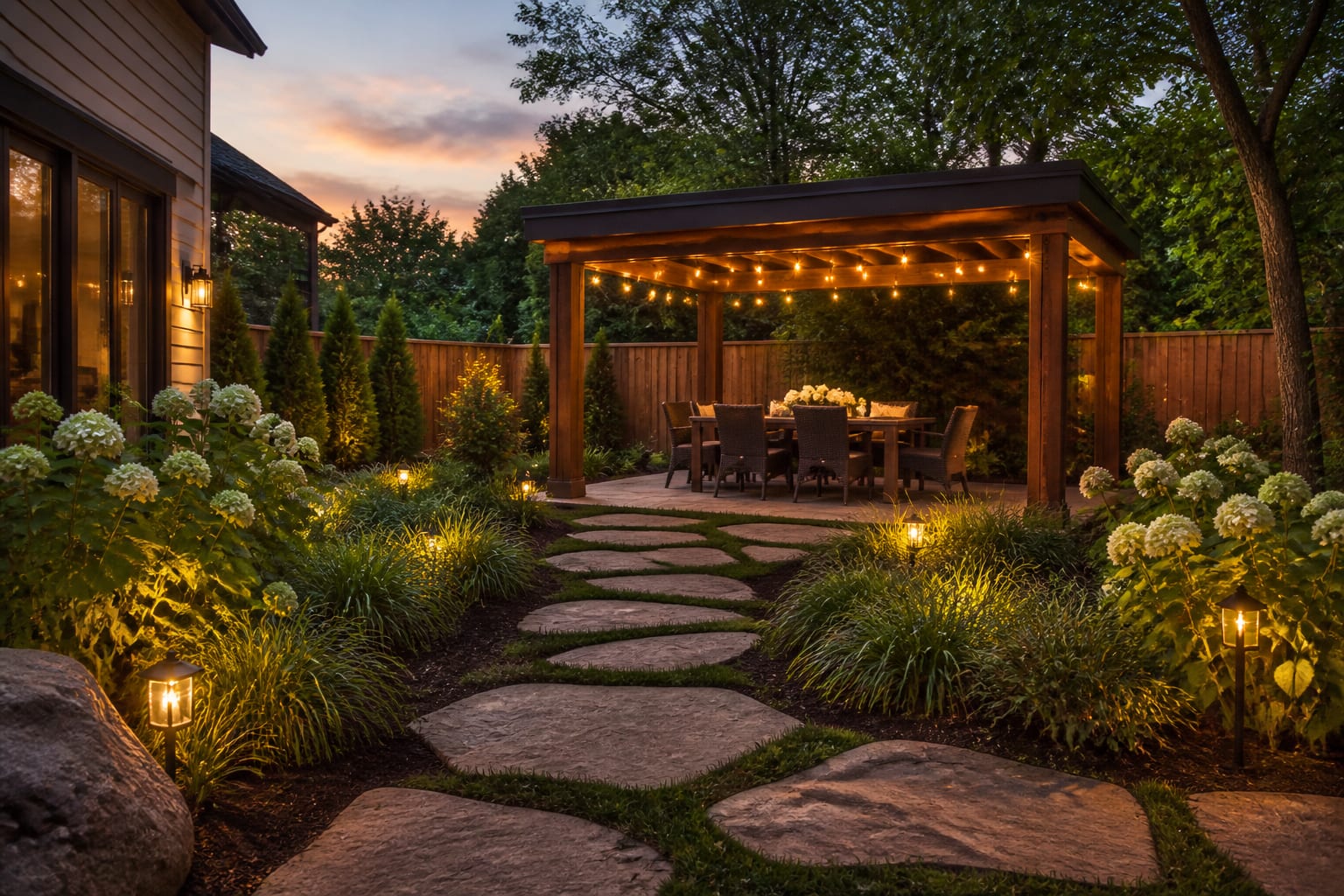 Hardtop aluminum gazebo with a six-person dining set, string lights inside, and a garden path leading to it from the main patio