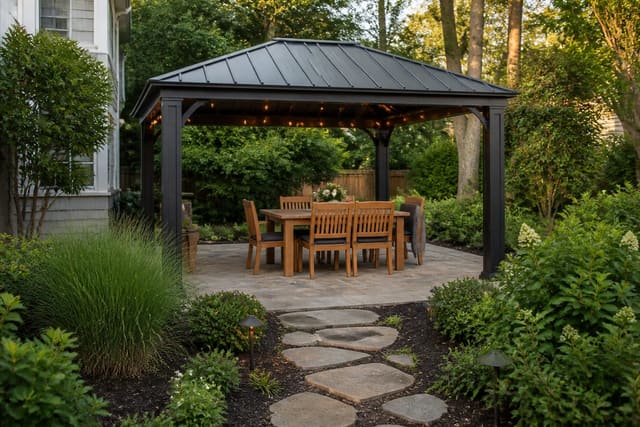 Hardtop aluminum gazebo with dining set in a landscaped backyard, viewed from the house as a destination structure with garden path leading to it