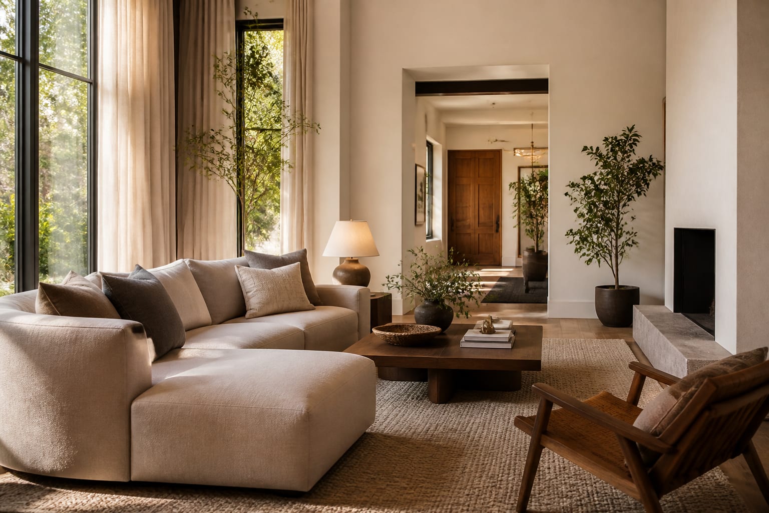 warm modern living room with accurate window light, scaled furniture, linen curtains, and a believable wool rug