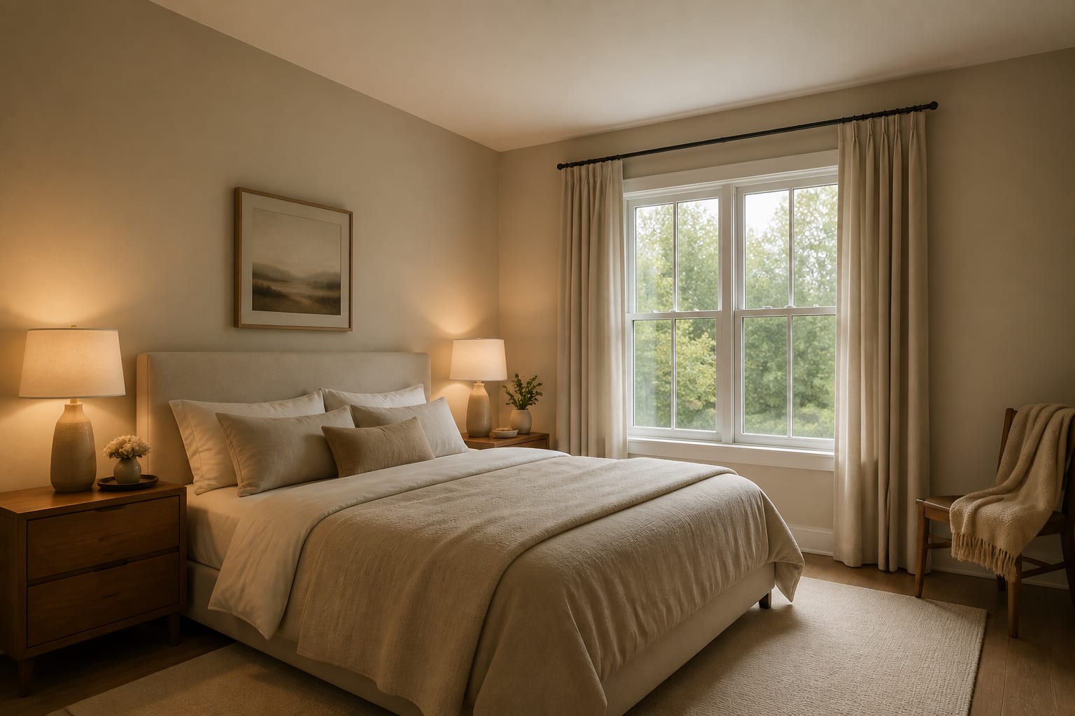 straight-on bedroom source photo showing two walls, an eight-foot ceiling, a queen bed, and soft daylight