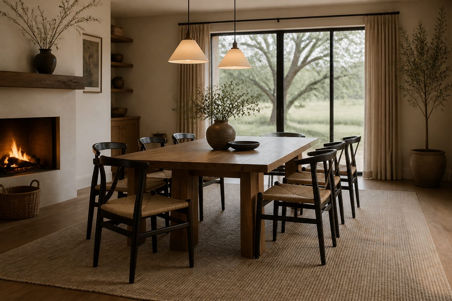 AI-generated dining room preview with matte wood, accurate chair clearance, warm lamps, and no impossible window changes