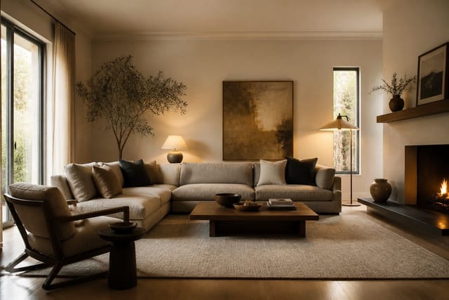 warm modern living room with accurate window light, scaled furniture, linen curtains, and a believable wool rug