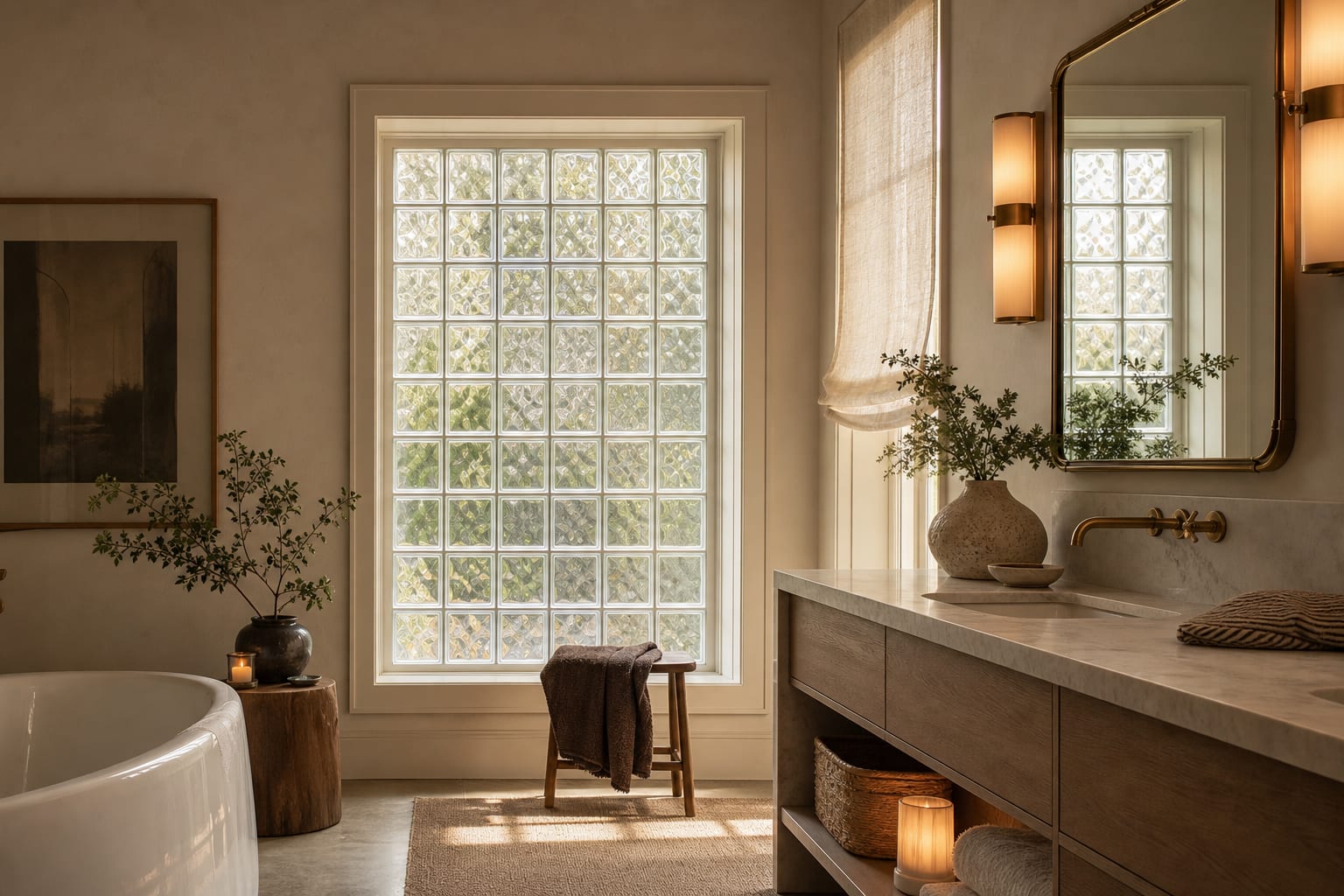 bathroom glass block window framed with warm white trim, pale plaster walls, brass mirror lights, and soft linen shade nearby