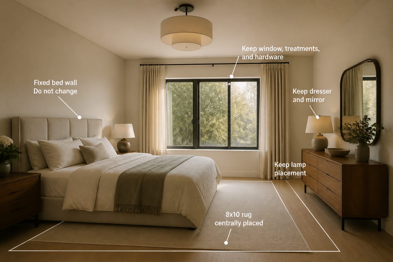 bedroom prompt example showing fixed bed wall, window, dresser, rug outline, and lamp placement notes for AI redesign