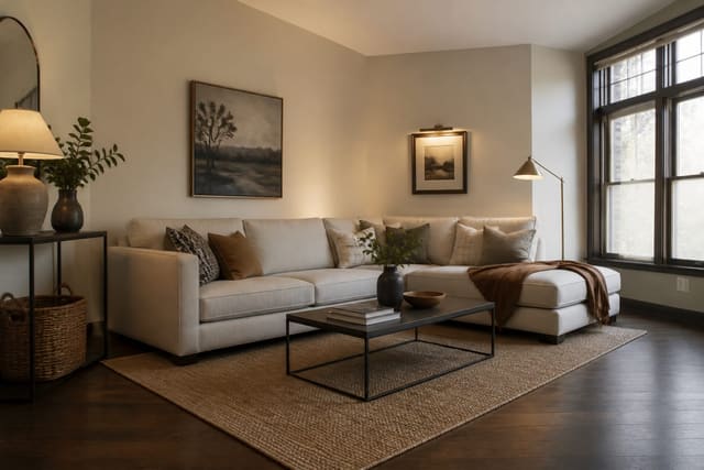 living room photo prepared for AI redesign with visible sofa, window, rug edge, floor color, and awkward corner constraints