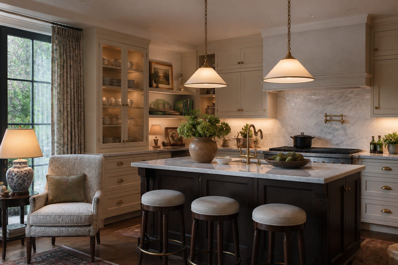 Editorial interior photograph showing grandmillennial kitchen ideas with cozy charm in a real kitchen, with grandmillennial materials, layered warm lighting, styled furniture, and a magazine-quality residential composition.
