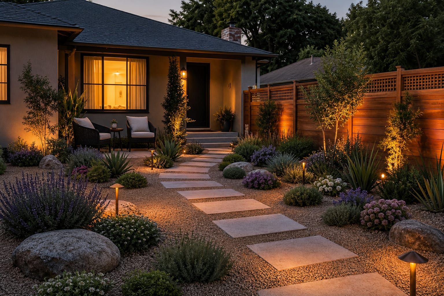 same garden angle redesigned with warm gravel, drought-tolerant planting, steel edging, stepping stones, and layered grasses