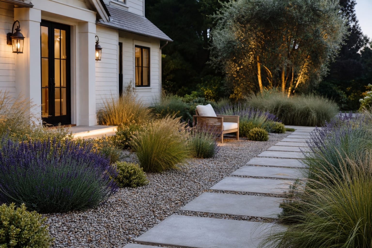 front garden converted from patchy lawn to gravel planting with airy grasses, lavender, and a clear stone path