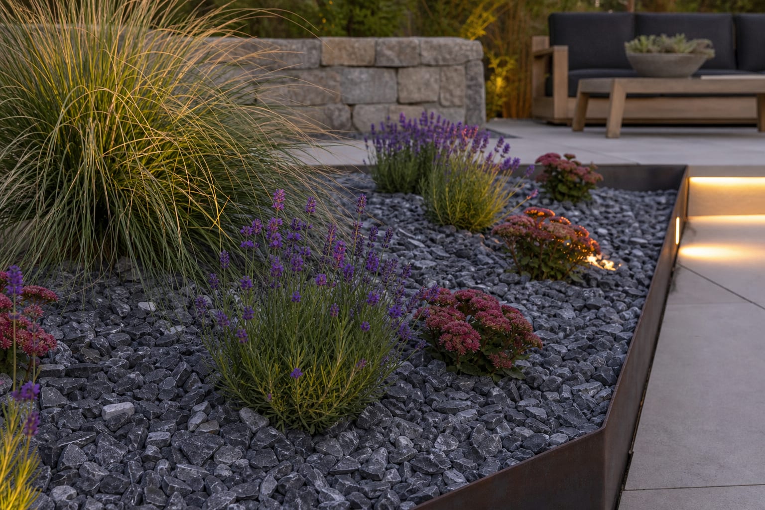 close view of angular gravel held by steel edging with lavender, sedum, and ornamental grass planted through the stone