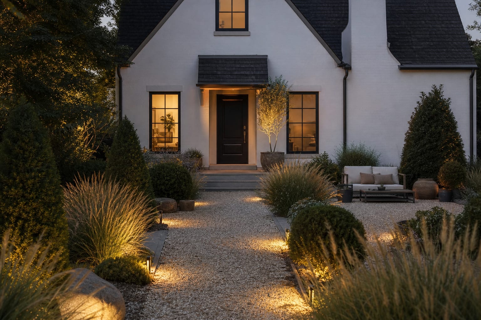 gravel front garden at dusk with warm path lights, clipped evergreens, grasses, and a clear route to the door