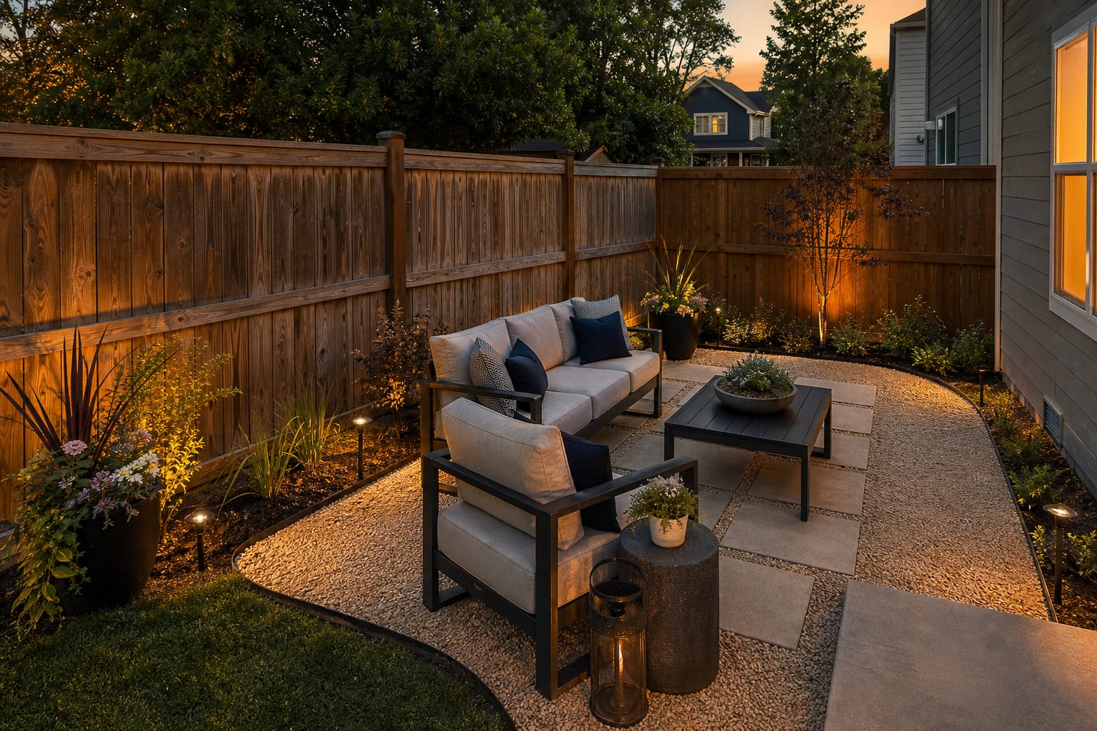 same yard corner redesigned as a gravel patio with steel edging, square pavers, lounge chairs, planters, and warm low lighting.